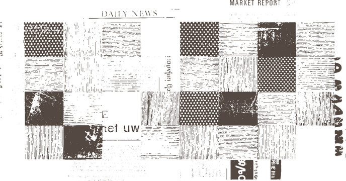 Newspaper collage with halftone dots and textured blocks in brown and white