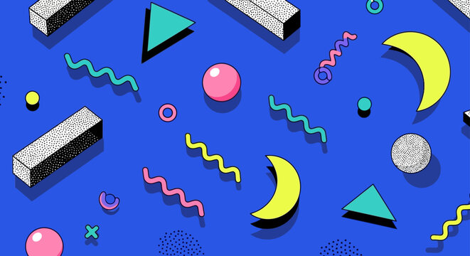 memphis design abstract background colorful geometric shapes and wavy lines form a vibrant retro pattern for 1980s 1990s themes.