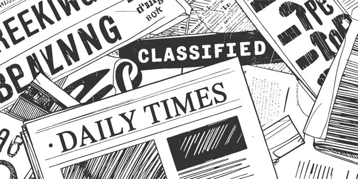 Black and white of stacked newspapers with headlines like Daily Times and Classified print media information