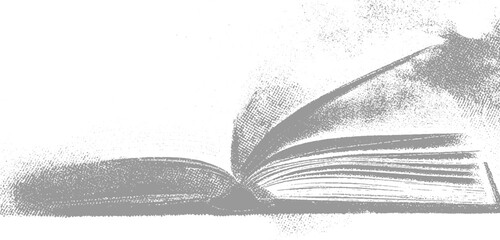 Obraz premium Open book with pages fanning out rendered in a textured grey dot pattern against a white background spread