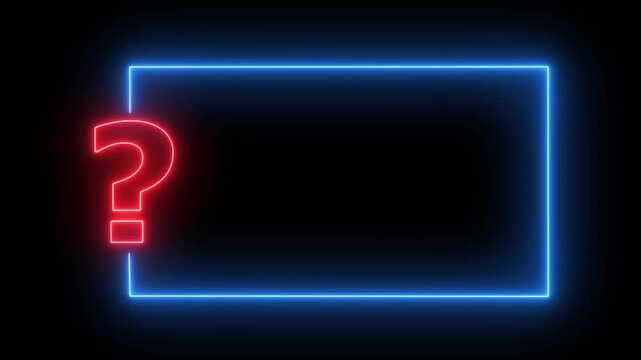 Question mark neon sign light on black background. Quiz trivia game competition. blue neon question mark frame for quizzes and FAQs. Game announcement.4k motion video.