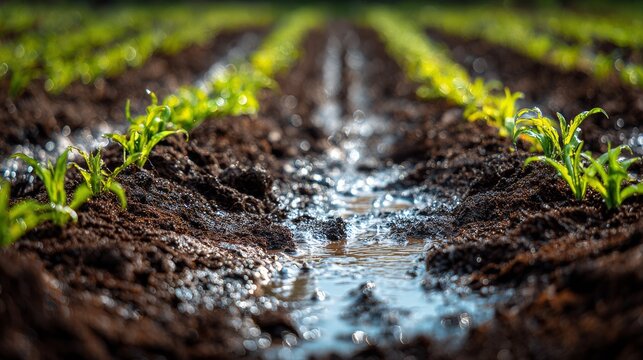 Low-angle perspective of a wet, freshly tilled field. Green sprouts emerge from dark soil in parallel rows, reflecting sunlight
