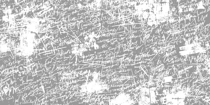 Dense white scribbled handwriting and scratch marks overlay on a textured grey background abstract grunge