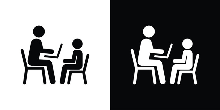 Vector icon of a professional working on a laptop at a desk while interviewing or consulting with a client sitting opposite.