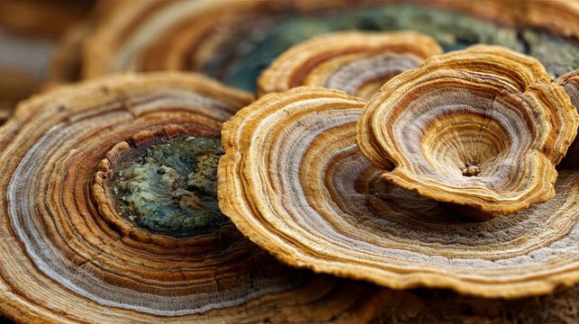 Macro shot of layered, circular shelf fungi growing on wood, displaying intricate patterns of brown, cream, and blue hues