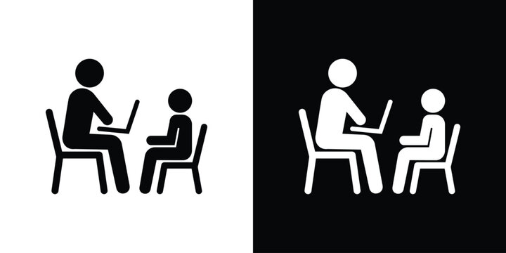 Vector icon of a professional working on a laptop at a desk while interviewing or consulting with a client sitting opposite.