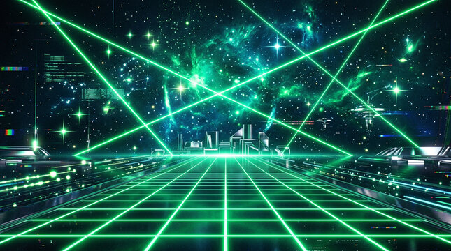 サイバー空間の緑のレーザー光線と遠くに浮かぶ近未来都市のデジタル宇宙背景素材