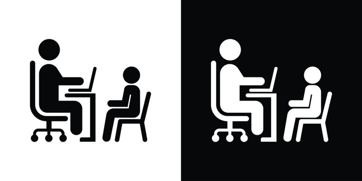 Vector icon of a professional working on a laptop at a desk while interviewing or consulting with a client sitting opposite.