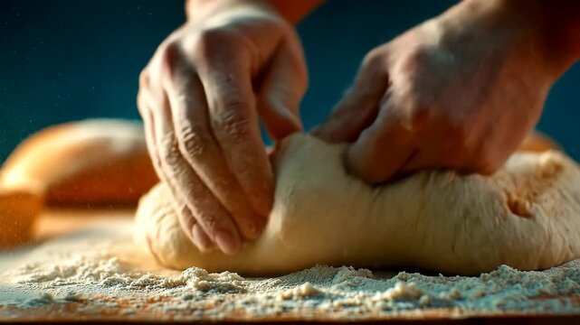 A baker kneads fresh dough with flour in slow motion, a cinematic background for cooking and food stories.