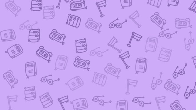 Purple background features repeating retro gadget icons. Simple line art evokes vintage electronics and tech nostalgia. Pattern suggests themes of innovation, retro futurism, or digital nostalgia