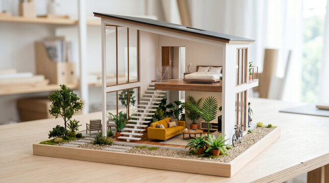 Modern architectural scale model of a sustainable tiny house, miniature home interior with furniture, wooden 3D building prototype for design
