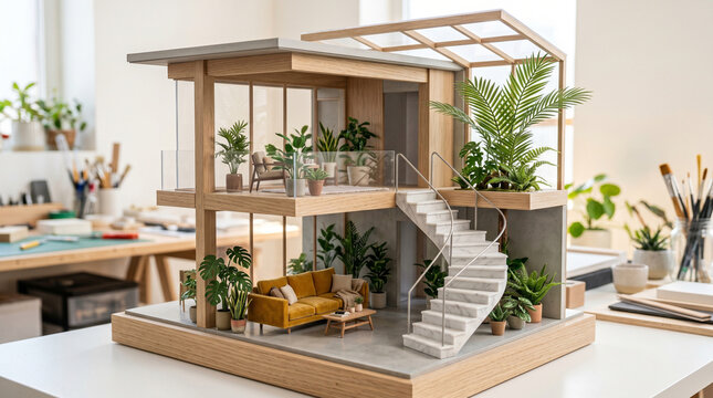 Modern architectural scale model of a sustainable villa, miniature wooden house with green plants and spiral staircase, interior design prototype