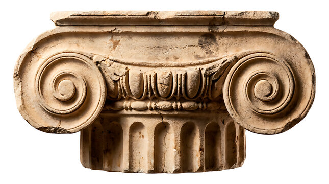 An ancient Ionic column capital, weathered and cracked, showcasing intricate volutes and ornate detailing