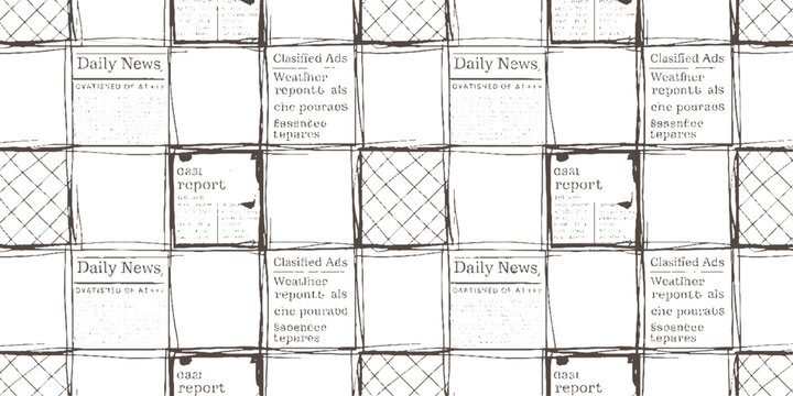 Repeating pattern of vintage newspaper clippings with headlines and text in brown ink on white