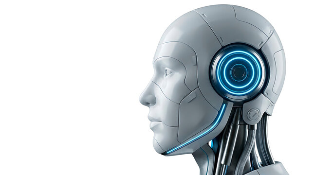 A detailed close-up of a futuristic robot's head, showing its intricate design and glowing blue accents. The robot's face is expressionless, highlighting its artificial nature