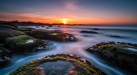 Fototapeta premium Vibrant sunset bathes a rugged coastline in warm light, blending rocky formations, ocean waves, and lush greenery for a serene seascape.
