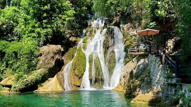 Waterfall and Viewing Deck Above Turquoise Water (Tamasopo, San Luis Potosi, Mexico)