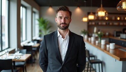 Fototapeta premium Man suit wearing restaurant manager standing inside modern interior. Hospitality industry professional welcoming guest. Business owner working in cafe. Leadership and service concept.