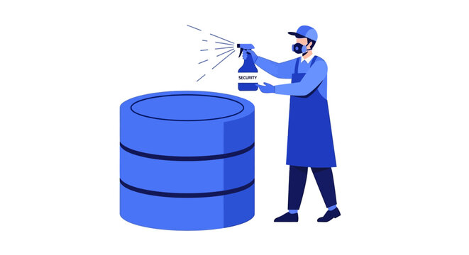 Data Security Illustration: Specialist Cleaning and Protecting a Database Cylinder with Security Spray for Cyber Hygiene and Information Safety