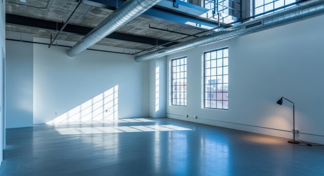 Bright modern empty loft apartment interior with polished concrete floors and large windows