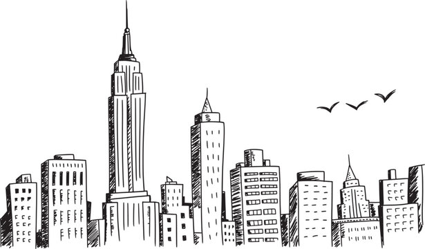 New york city skyline hand drawn sketch illustration, empire state building, chrysler building