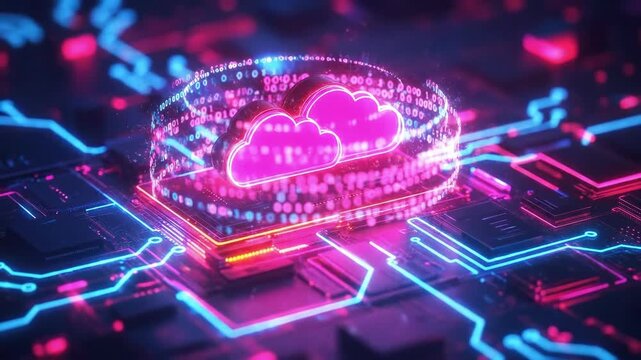 Futuristic cloud computing concept in neon colors on circuit board