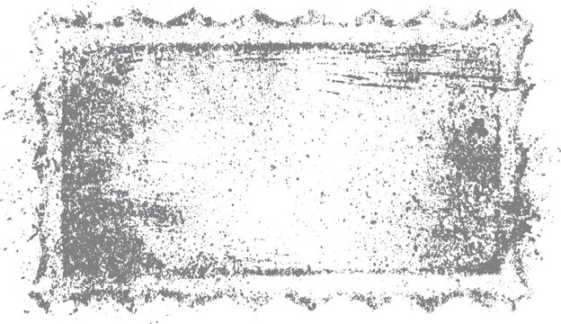 Textured grey rectangular frame with jagged edges and scattered speckles on white background