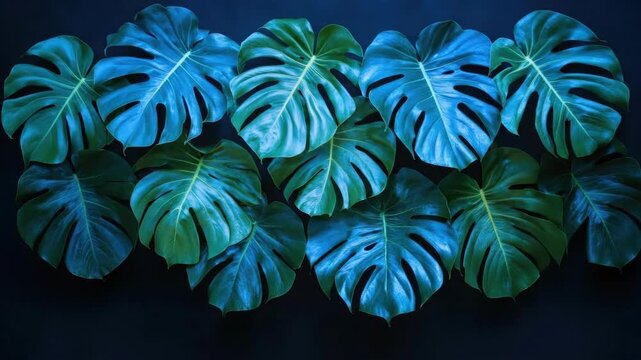 Vibrant monstera leaves displayed on dark background
