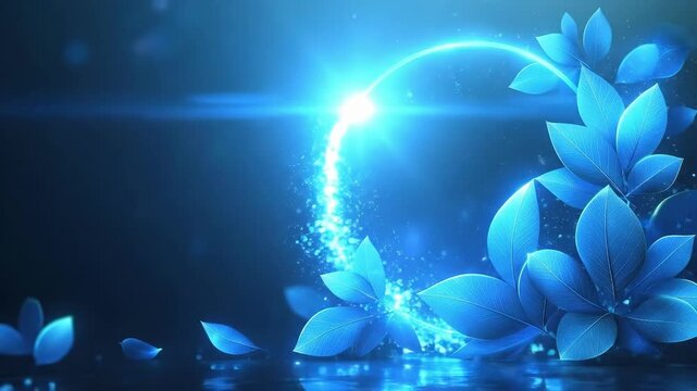 Glowing blue leaves and neon circle on dark background