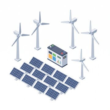 Isometric Renewable Energy System with Solar Panels and Wind Turbines