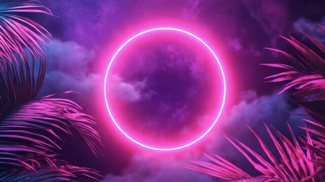 Neon circle in tropical night with glowing pink and blue foliage