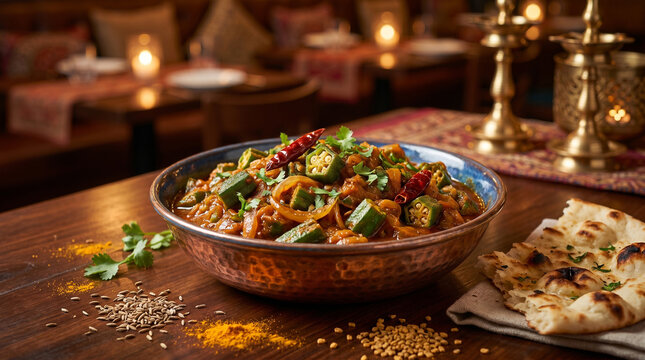 Delicious Indian Bhindi Masala with fresh okra and curry sauce in a bowl on a restaurant table. Authentic Asian culinary dining experience for your tasty dinners tonight.