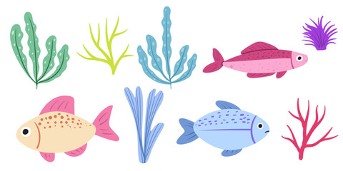 Obraz premium Underwater sea life with fish and coral vector elements