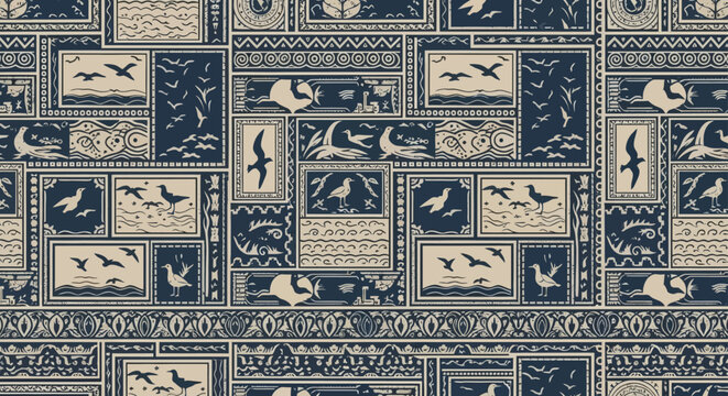 nautical seamless pattern with stylized birds and ocean scenes in folk art frames a vintage wallpaper design.