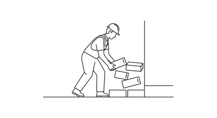 Obraz premium Construction worker laying bricks on a building site, illustration