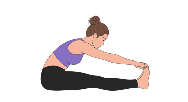 Woman practicing seated forward bend yoga pose, stretching hamstrings and back