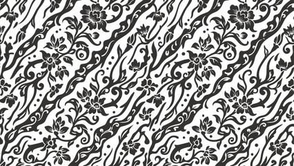 Seamless Black and White Indonesian Batik Pattern with Traditional Floral and Wave Motifs © Dijee Art