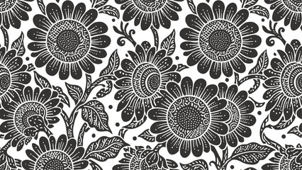 Seamless Pattern with Black and White Hand Drawn Sunflower Floral Motif © Dijee Art