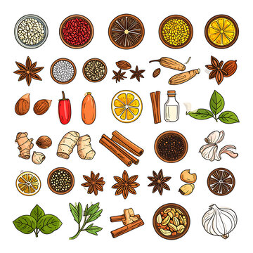 Collection of various spices and herbs in pixel art style, featuring star anise, cinnamon sticks, garlic, ginger, chili peppers, lemons, and herbs, suitable for culinary themes