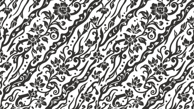 Seamless Black and White Indonesian Batik Pattern with Traditional Floral and Wave Motifs