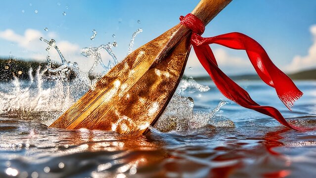 paddle. Dragon boat paddle cutting through water with red ribbon, dynamic action. event key visuals, club posters, designed for fitness apps and gym onboarding, boosts motivation.