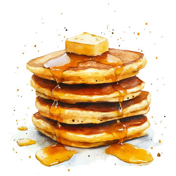 Pancakes, clipart vector in watercolor style with flowing brushwork, isolated on a white background.