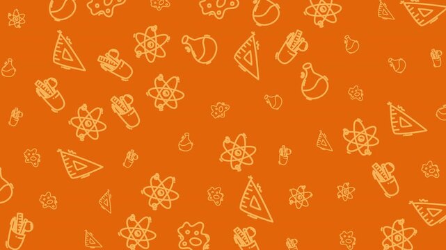 Orange background with whimsical school items. Yellow outlines of lab tools and snacks. Atoms, triangles, and ice cream scoops float casually. No people, no animals, no plants