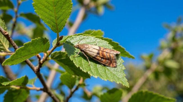 Indian meal Moth on a leave tree close up video