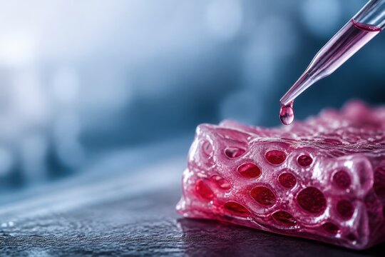Pipette dispensing pink liquid onto porous gel in a laboratory close up macro science concept
