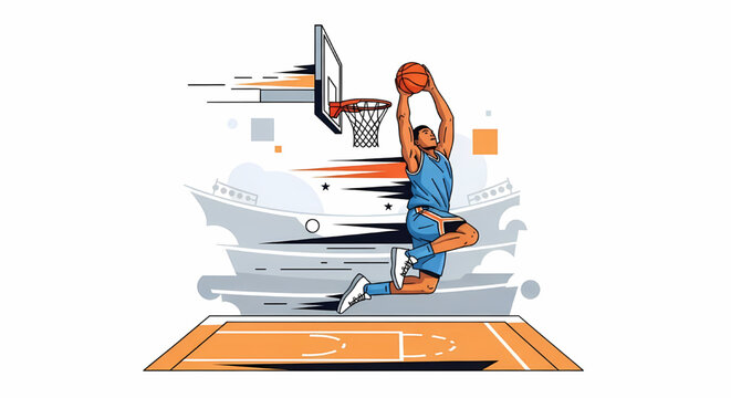 Basketball player performing a slam dunk illustration