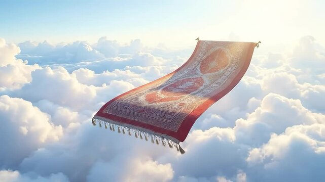 A magic carpet flies through a sky filled with soft, white clouds.