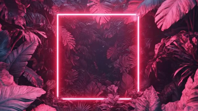 Neon pink square frame in mysterious tropical jungle