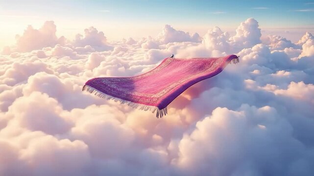 A magic carpet flies over a sea of clouds at sunset.