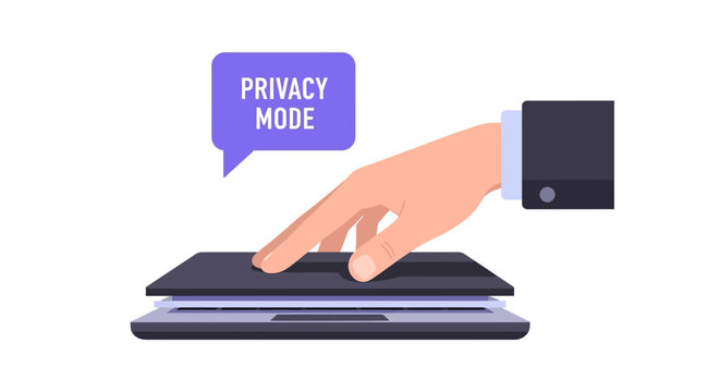 Privacy Mode Concept Illustration: Hand Closing Laptop Lid for Cybersecurity and Data Protection